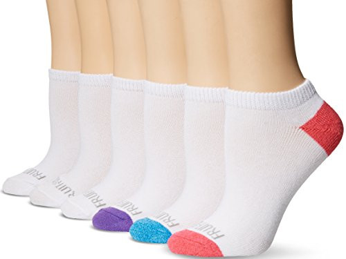 Fruit of the Loom Women s 6-Pair No Show Socks  white-pink-blue-purple  Shoe Size  4-10