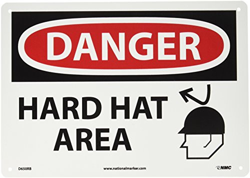 NMC D650RB DANGER - HARD HAT AREA - 14 in- x 10 in- Rigifd Plastic Danger Sign with White-Black Text on Red-White Base