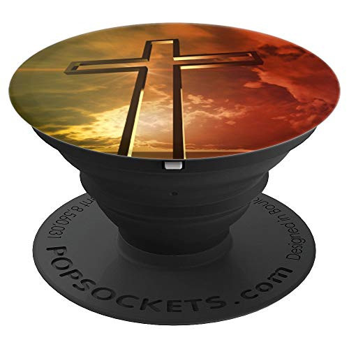 Tall Cross Outline On Red Yellow Sunset Cloud With Sunburst PopSockets Grip and Stand for Phones and Tablets