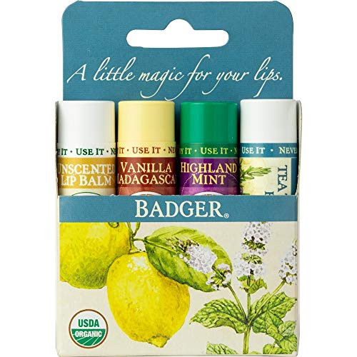 Badger - Classic Lip Balm Variety Pack  Unscented  Vanilla Madagascar  Highland Mint and Tea Tree   Lemon  Certified Organic  Moisturizing Lip Balm  0-15 oz 4 Pack Badger - Classic Lip Balm Variety Pack  Unscented  Vanilla Madagascar  Highland Mint and Tea Tree   Lemon  Certified Organic  Moisturizing Lip Balm  0-15 oz 4 Pack