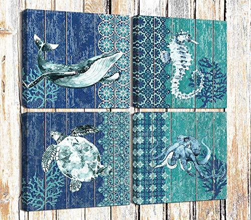 Canvas Prints Sea Turtle Bathroom Wall Decor Seahorse Octopus Marine Life Teal Watercolor Ocean Blue Theme Artwork 4 Panels Framed for Bedroom Home Office Nursery Room Living Room Decorations