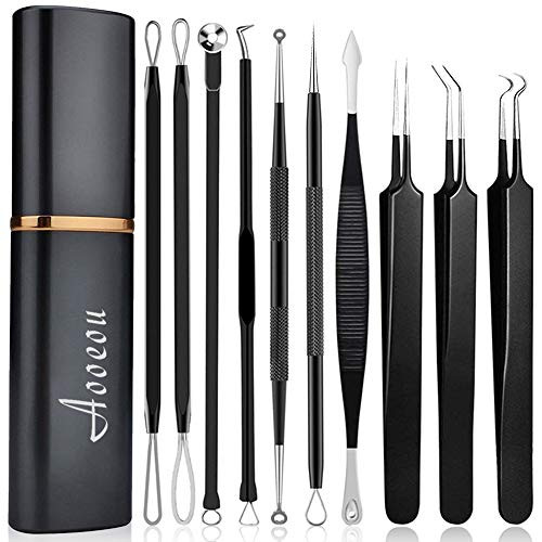 pimple popper tool- Aooeou 10 Pcs Professional Pimple Comedone Extractor Tool Acne Removal Kit -Treatment for Pimples  Blackheads  Blemish  Zit Removing  Forehead and Nose