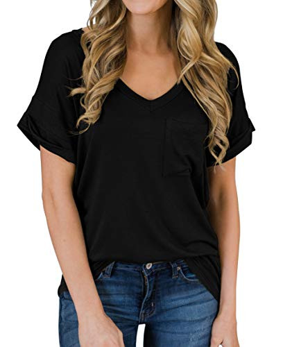 PrinStory Women s Casual Tops Short Sleeve V-Neck Shirts Loose Blouse Basic Tee T-Shirt Black US XL