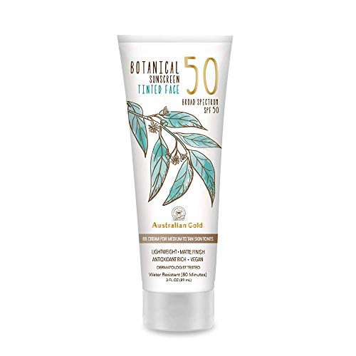 Australian Gold Botanical Sunscreen Tinted Face BB Cream SPF 50 3 Ounce Medium-Tan Broad Spectrum Water Resistant Vegan Antioxidant Rich Australian Gold Botanical Sunscreen Tinted Face BB Cream SPF 50 3 Ounce Medium-Tan Broad Spectrum Water Resistant Vegan Antioxidant Rich