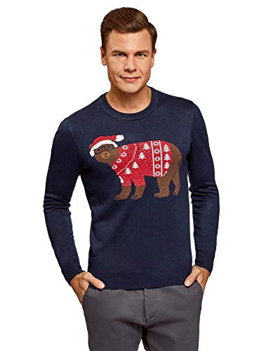 oodji Ultra Men s Knitted Christmas Pullover  Blue  US 42-44 - EU 52-54 - L