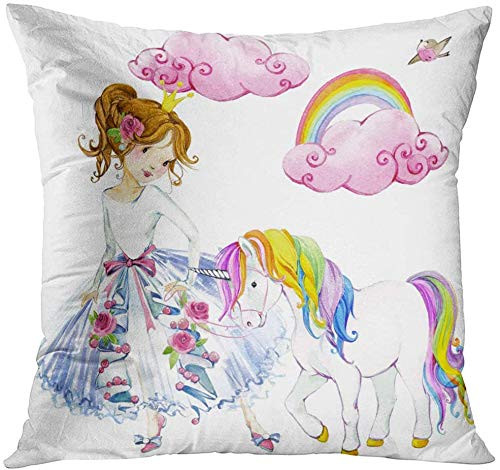 antoipyns Throw Pillow Cover-Colorful Girl Princess Watercolor Unicorn Pink Cute Dream Decorative Pillow Case Home Decor Square?18x18 Inches? Pillowcase