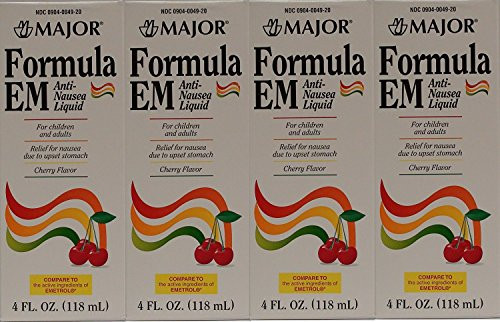 Formula EM Generic for Emetrol Nausea   Upset Stomach Relief Cherry Flavor 4 oz- Bottle Pack of 4 Total 16 oz-