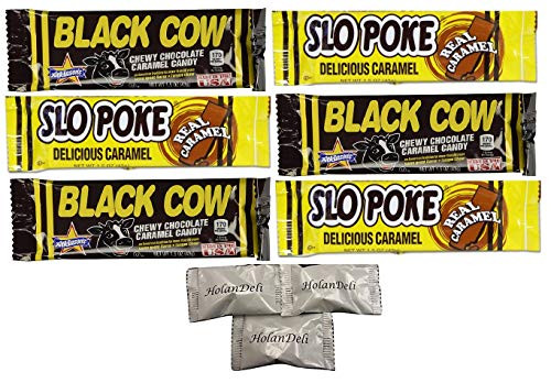 6 pack Black Cow and Slo Poke Assorted Caramel Taffy Candy- Includes HolanDeli Mints
