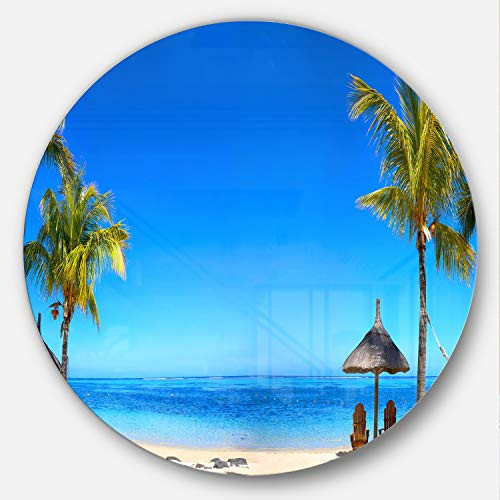 Designart Mauritius Beach with Chairs-Seashore Photo Metal Artwork - Disc of 38 38x38-Disc of 38 inch, Blue