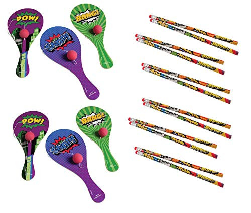24 FUN Superhero Party Favors ~ 1 Dozen 12 Superhero Paddleball Games   12 Superhero Pencils