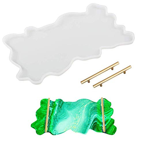 KHTAA Large Resin Tray Molds   2Pcs Gold Handles  Irregular Silicone Tray Molds  Glossy Geode Agate Tray Dish Mold  Epoxy Resin Casting Molds for Making Faux Agate Tray  Serving Board  Serving Platter