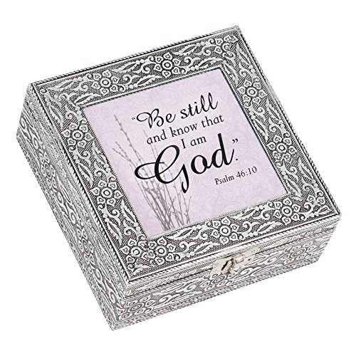 Cottage Garden Be Still and Know That I am God Silver Stamped Metal Jewelry Music Box Plays Tune How Great Thou Art Cottage Garden Be Still and Know That I am God Silver Stamped Metal Jewelry Music Box Plays Tune How Great Thou Art