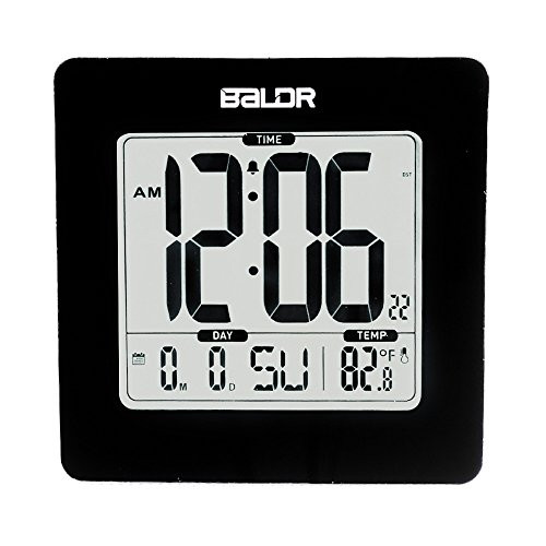 BALDR Atomic Digital Alarm Clock, Displays Time, Date, and Indoor Temperature, Blue Backlight, Black Frame