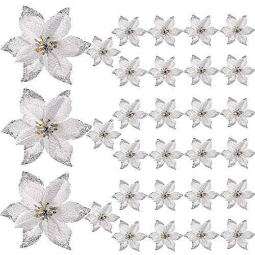 WILLBOND 30 Pieces Glitter Christmas Tree Ornaments Artificial Wedding Christmas Poinsettia Flowers for Christmas Flowers Tree Wreaths Decor Ornament Silver