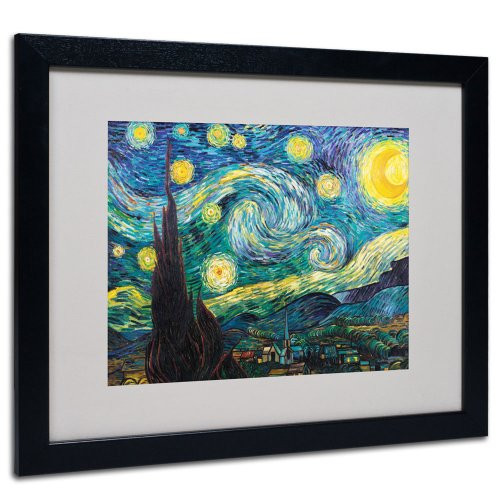 Vincent Van Gogh Starry Night Framed Matted Canvas Art, 16 by 20-Inch, Black