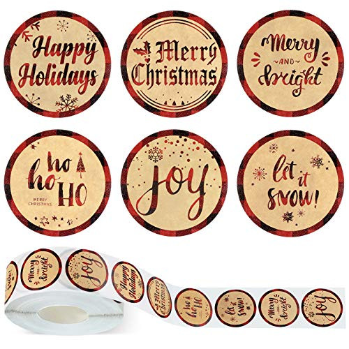 1000 Pieces Buffalo Plaid Christmas Stickers Merry Christmas Happy Holidays Label Stickers Round Christmas Roll Sticker for Seals Cards Presents Envelopes  1-5 Inch  6 Designs