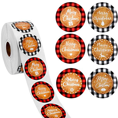 1000 Stickers Buffalo Plaid Merry Christmas Stickers Christmas Round Label Stickers Christmas Envelope Stickers for Cards Envelopes Boxes Bag Sealing Decorations