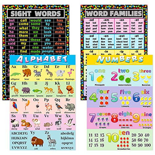 4 Pieces Alphabet  Numbers 1-10  Sight Words and Word Families Poster Laminated Educational Posters Educational Charts for Preschool Kindergarten Classroom Posters Homeschool Supplies  14 x 20 Inch