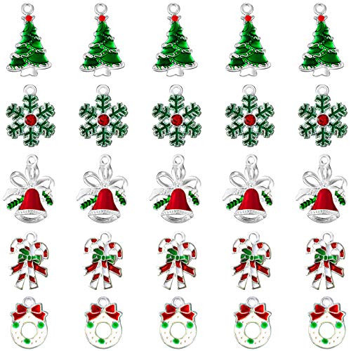 50 Pieces Assorted Enamel Charm Pendants Christmas Tree Charms Snowflake Garland Bell Craft Charm Christmas Theme Decorative Enamel Pendants for DIY Crafts Jewelry Making Supplies