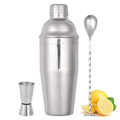 Cocktail Shaker Set  3 Piece Bartender Kit  25 oz Martini Shaker Set with Measuring Jigger and Mixing Spoon  Professional Stainless Steel Bar Tools - Built-in Bartender Strainer