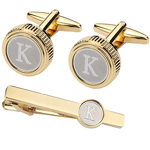 GWD Mens Cufflinks Tie clips set Set Shirt Classic Initials Alphabet A-Z Gift Box Cufflinks Tie Clip Set K
