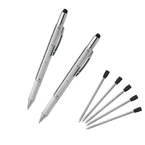 Multifunction Tool Pen  6 in 1 Tool with Ballpoint Pen  Touch Screen Stylus  Ruler  Spirit Level  Flat-head and Phillips Screwdriver  All-in-One Tech-Tool Pen with Ink Refills 2×Silver  5×Refills