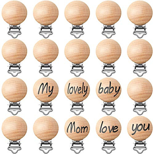 20 Pieces Natural Beech Wood Pacifier Clips Toy Suspender Clips Charm DIY Pacifier Clips Wood Pacifier Holder for Teething Baby