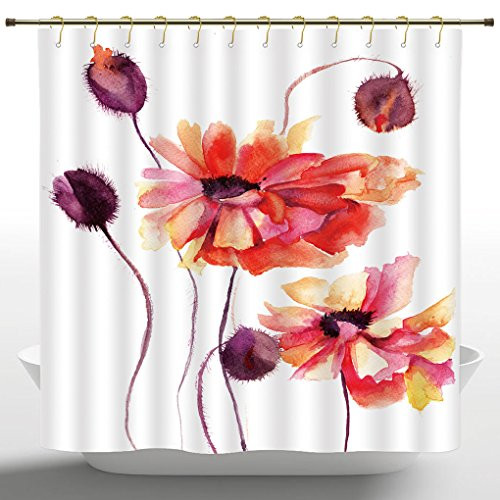 iPrint No Chemical Odor Shower Curtain by, Floral,Watercolor Painting Poppy Flowers and Buds Artistic Spring Nature Design,Peach Scarlet Purple,Fabric Bathroom Decor Set with Hooks