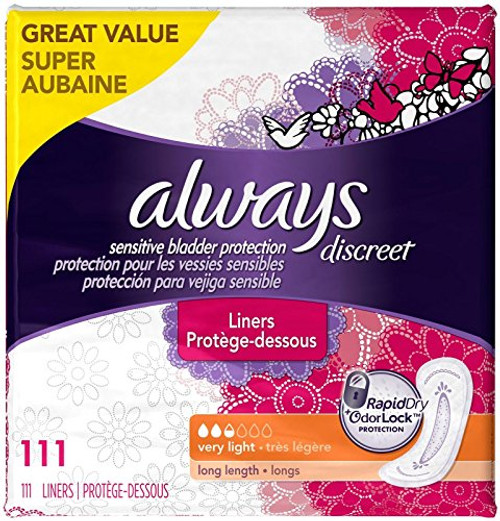 Always Discreet Incontinence Liners Very Light Long Length 111 Count 111 Count Always Discreet Incontinence Liners Very Light Long Length 111 Count 111 Count