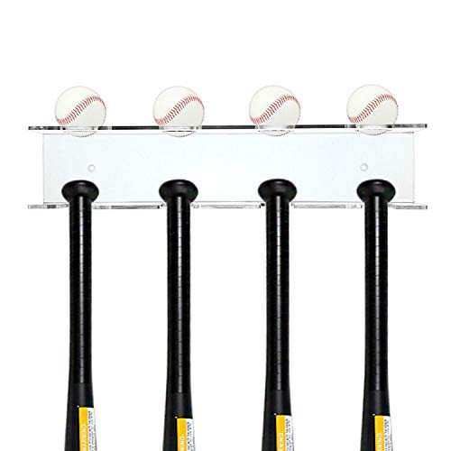 Hipiwe Baseball Bat and Baseball Holder- Wall Mounted Baseball and Bat Display Rack  Clear Acrylic Baseball Bat Wall Hanger  Hold 4 Bats and 4 Balls 4 Slots