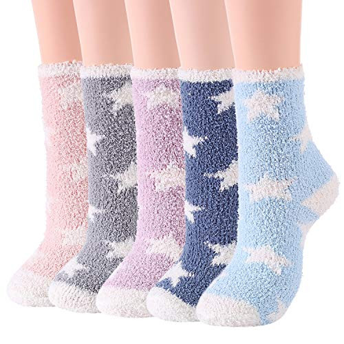 Zando Fuzzy Socks for Women Cozy Fluffy Socks Warm Slipper Socks Winter Fuzzy Socks Cute Fleece Socks Soft Sleep Socks Comfy Plush Socks Athletic Crew Socks 5 Pairs Star One Size