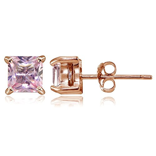 Rose Gold Flashed Sterling Silver Simulated Pink Tourmaline 5mm Princess-cut Stud Earrings