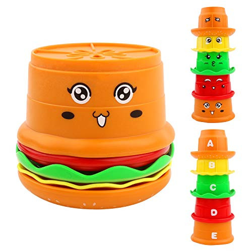 5 Pieces Bathtub Toys Baby Bath Toys Stacking and Nesting Cups Early Learning Toys Educational Rainbow Baby Building Set Stacking Cups Early Educational Toddlers Toy Burger Pattern