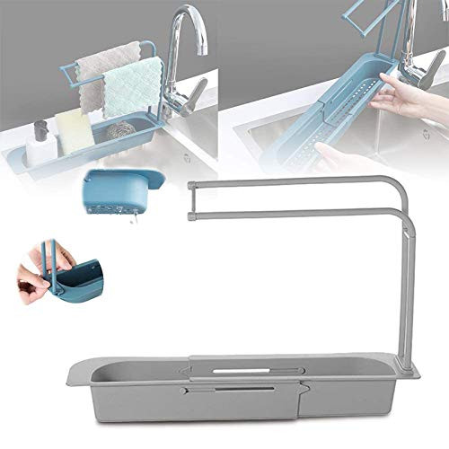 Adjustable Telescopic Sink Holder Telescopic Sponge Soap Holder Drainer Sink Tray Expandable Storage Drain Basket Sink Rack Adhesive Sink Organizer Holder Dish Cloth Hanger for Kitchen- Gray
