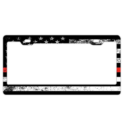 Red Line Flag Firefighters Aluminum Metal License Plate Frame Tag with Chrome Screw Caps - Car License Plate Covers for US Vehicles