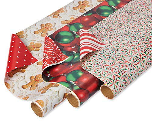 American Greetings Reversible Christmas Wrapping Paper  Gingerbread Men  Peppermint and Ornaments 3 Pack  120 sq- ft-