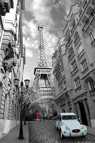 Buyartforless Paris Romance Red Woman and Blue Car Street Scene with Eiffel Tower 36x24 Photograph Art Print Poster