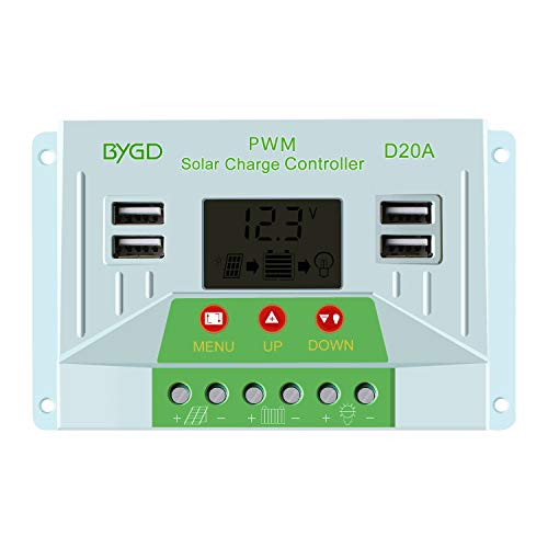 BYGD 10A Solar Charge Controller  Solar Panel Charger Controller 12V-24V  Multi-Function Adjustable Parameter Backlight LCD Display with 4 USB Ports Timer Setting PWM Auto Parameter
