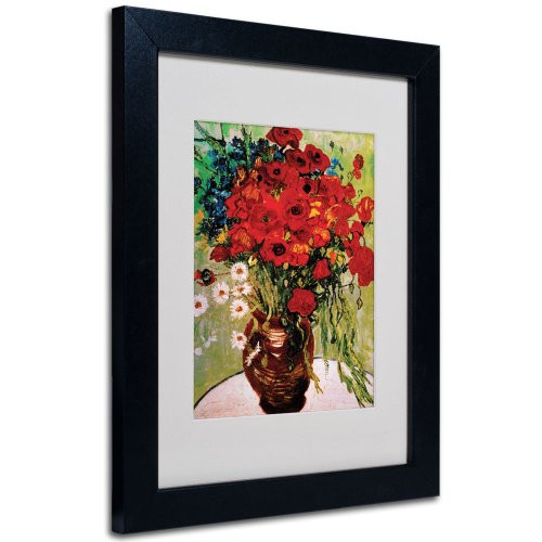 Vincent Van Gogh Daisies and Poppies Framed Matted Canvas Art, 11 by 14-Inch, Black