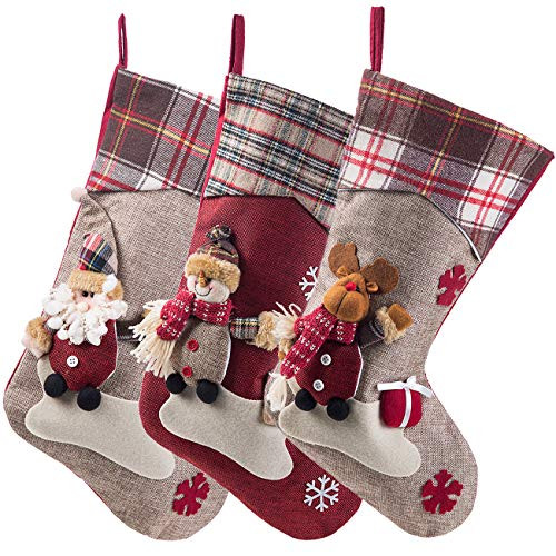 Sunnyglade 3PCS 17-5  Christmas Stocking Classic Personalized Large Stockings Santa  Snowman  Reindeer Xmas Character for Family Holiday Christmas Party Decorations