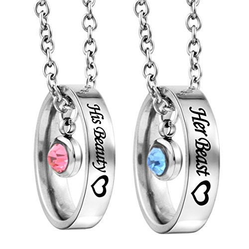 MJartoria Matching Necklaces for Couples  His and Hers Engraved Rhinestone Ring Pendant Set Gifts for Boyfriend GirlfriendSilver-Her Beauty His Beast MJartoria Matching Necklaces for Couples  His and Hers Engraved Rhinestone Ring Pendant Set Gifts for Boyfriend GirlfriendSilver-Her Beauty His Beast