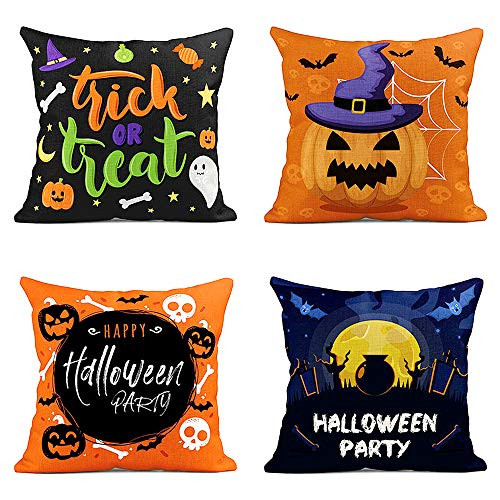 Britimes Halloween Throw Pillow Covers 18x18 Set of 4  Home Outdoor Decorative Cotton Linen Throw Pillow Cases for Sofa Cushion Couch Halloween Pumpkin Pillowcase