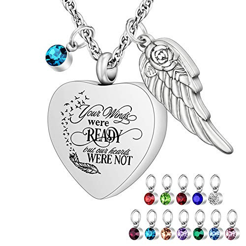 Heart Urn Necklaces for Ashes with 12 Pcs Birthstones Cremation Necklace for Human for Pet Ashes Stainless Steel Cremation Pendant with 22  Chain- Your Wings Were Ready  But Our Hearts Were Not