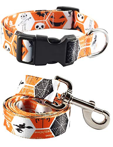 Coomour Pet Halloween Dog Collars Set Pumpkin Ghost with Funny Bat Spider Printing Adjustable Leash for Small to Medium Dogs Cats Pets Large