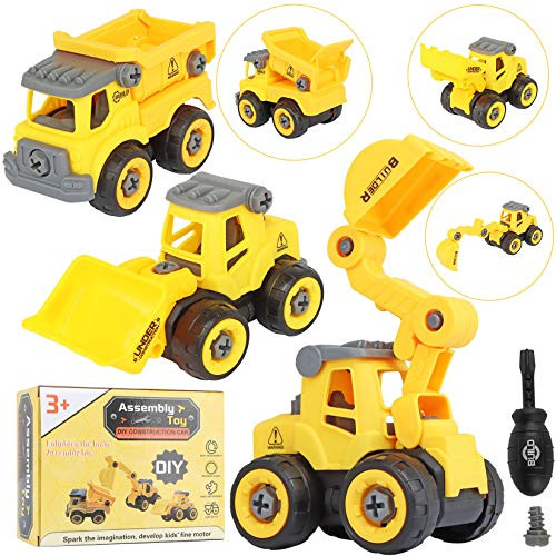 Construction Takes Apart Trucks STEM Learning Toys  Construction Vehicles Play Set  Dump Truck Excavator Bulldozer Toy with Screwdriver  Great Gift for Kids  Toddlers  Boys  Children Yellow