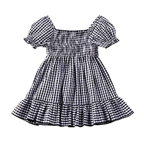 Baby Girl Plaid Dress  Toddler Girl s Vintage Short-Sleeve Smocked Dress One-Piece Sundress for Princess Black White Plaid  2-3 Years
