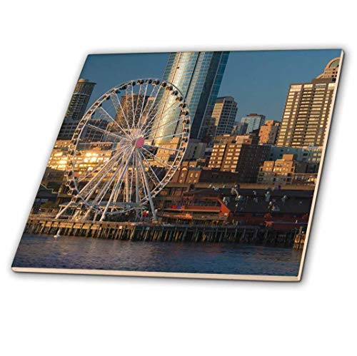 3dRose USA  Washington  Seattle- Great Wheel at Pier 57 in Evening- - Ceramic Tile  4-Inch ct2090261