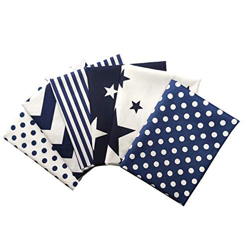 levylisa Classic Blue Fat Quarters Fabric Bundle 6PCS Quilting Sewing Patchwork 18 x22  Crafting Fabric Stripes-Dots-Stars for DIY Scrapbooking