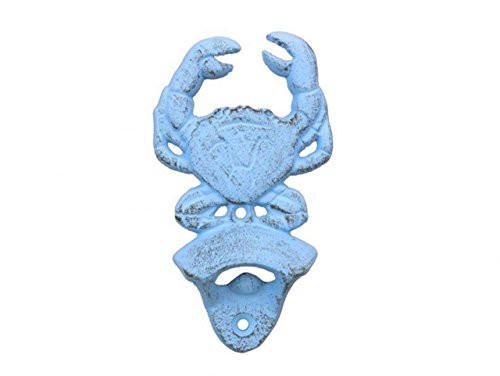 Hampton Nautical Rustic Light Blue Wall Mounted Crab Bottle Opener 6 -Vintage Cast Iron Decor-Sea Life