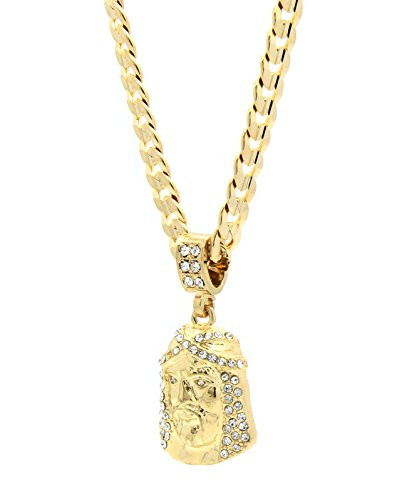 Mens Gold Tone Cz Jesus Face Pendant Hip-hop 6mm 24  Cuban Chain Necklace